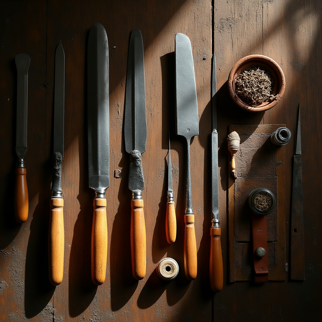 Banco da lavoro dell'atelier con strumenti di restauro tradizionali disposti con ordine